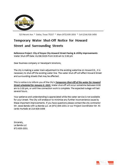 USA Texas La Banda business utility bill water shut off notice, Word and PDF template PSD template